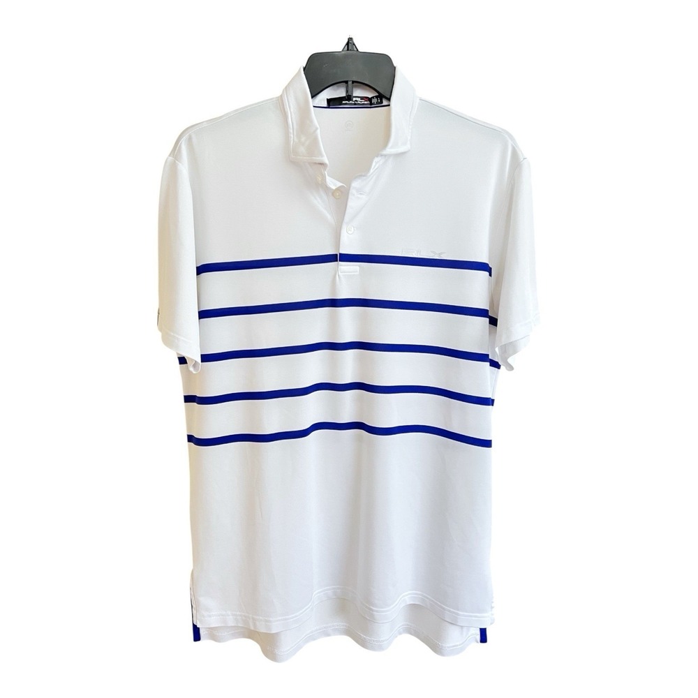 RALPH LAUREN RLX Striped Golf Polo White Navy Blue Short Sleeved Mens Large